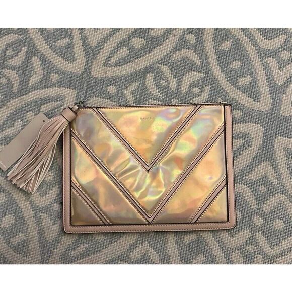 Mark Fran Faux Leather Clutch Bag Pink Iridescent Chevron Zip Tassel Bag Purse - Picture 4 of 16